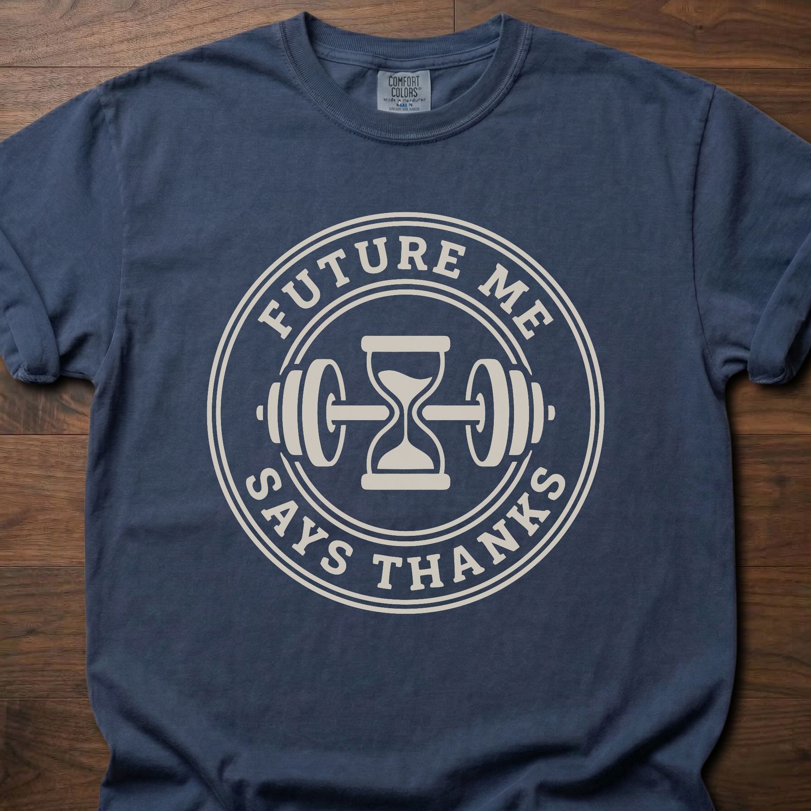 Future Me strength training t-shirt with hourglass and barbell design in circular badge – Navy
