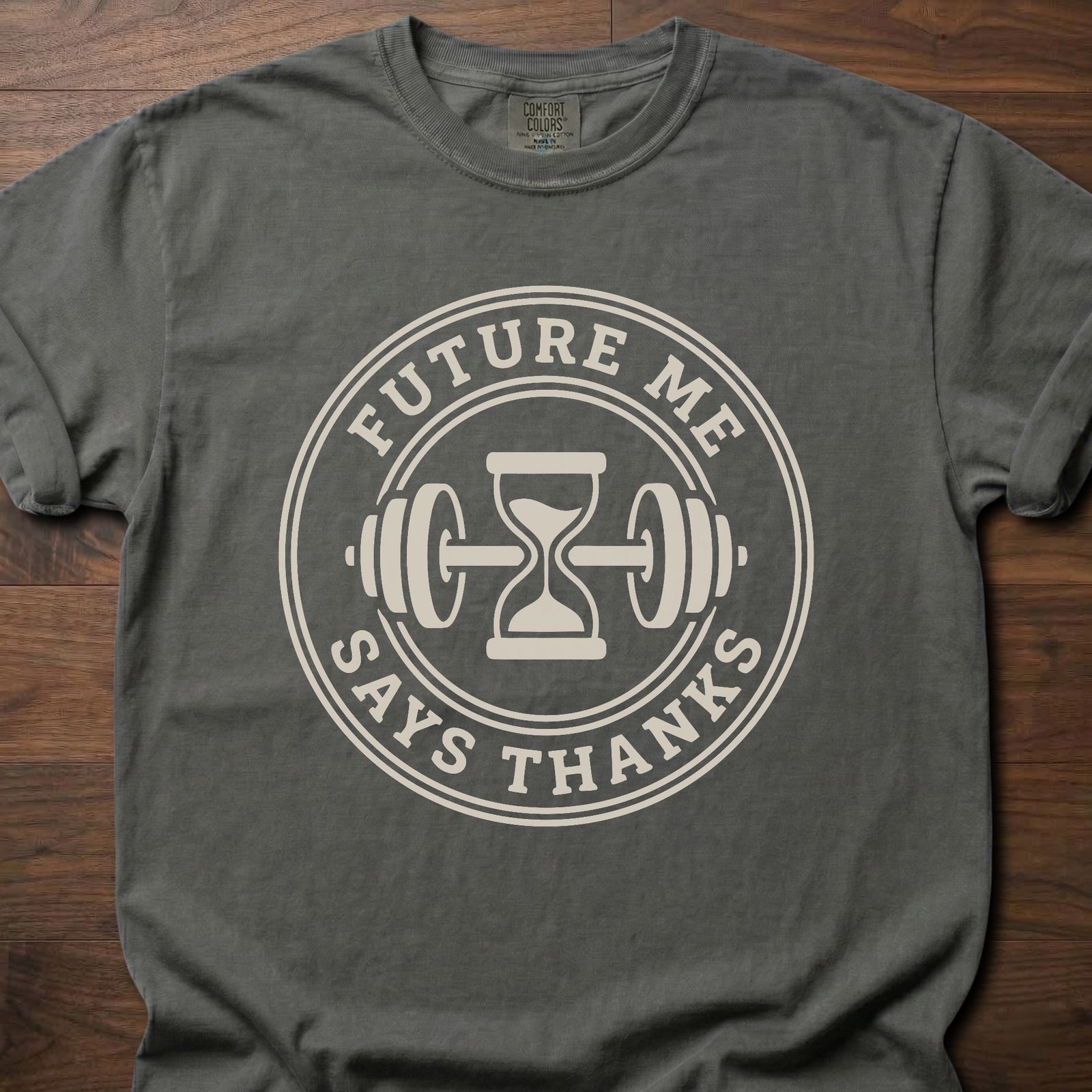 Future Me strength training t-shirt with hourglass and barbell design in circular badge – Pepper