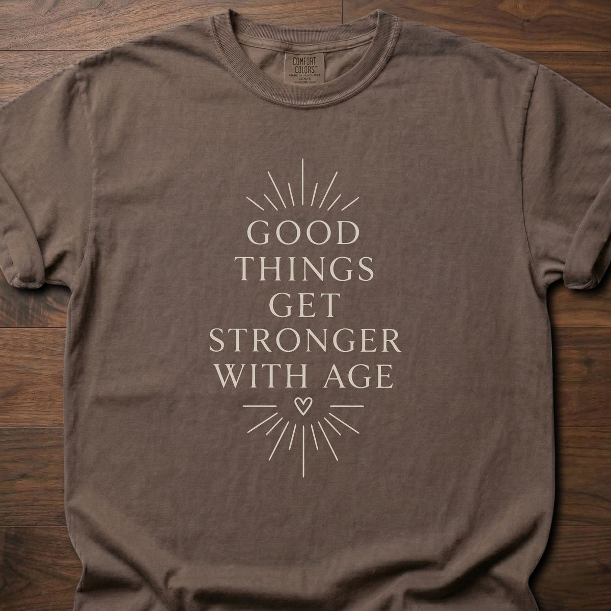 Good Things strength training t-shirt with clean uplifting typographic graphic – Espresso