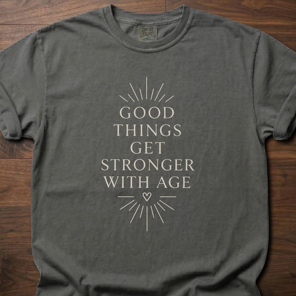Good Things strength training t-shirt with clean uplifting typographic graphic – Pepper