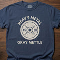 Gray Mettle strength training t-shirt featuring 45 lb weight plate design with Heavy Metal text – Navy