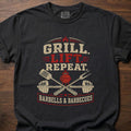 Grill Lift Repeat strength training t-shirt featuring barbell and BBQ grill crossed design – Black