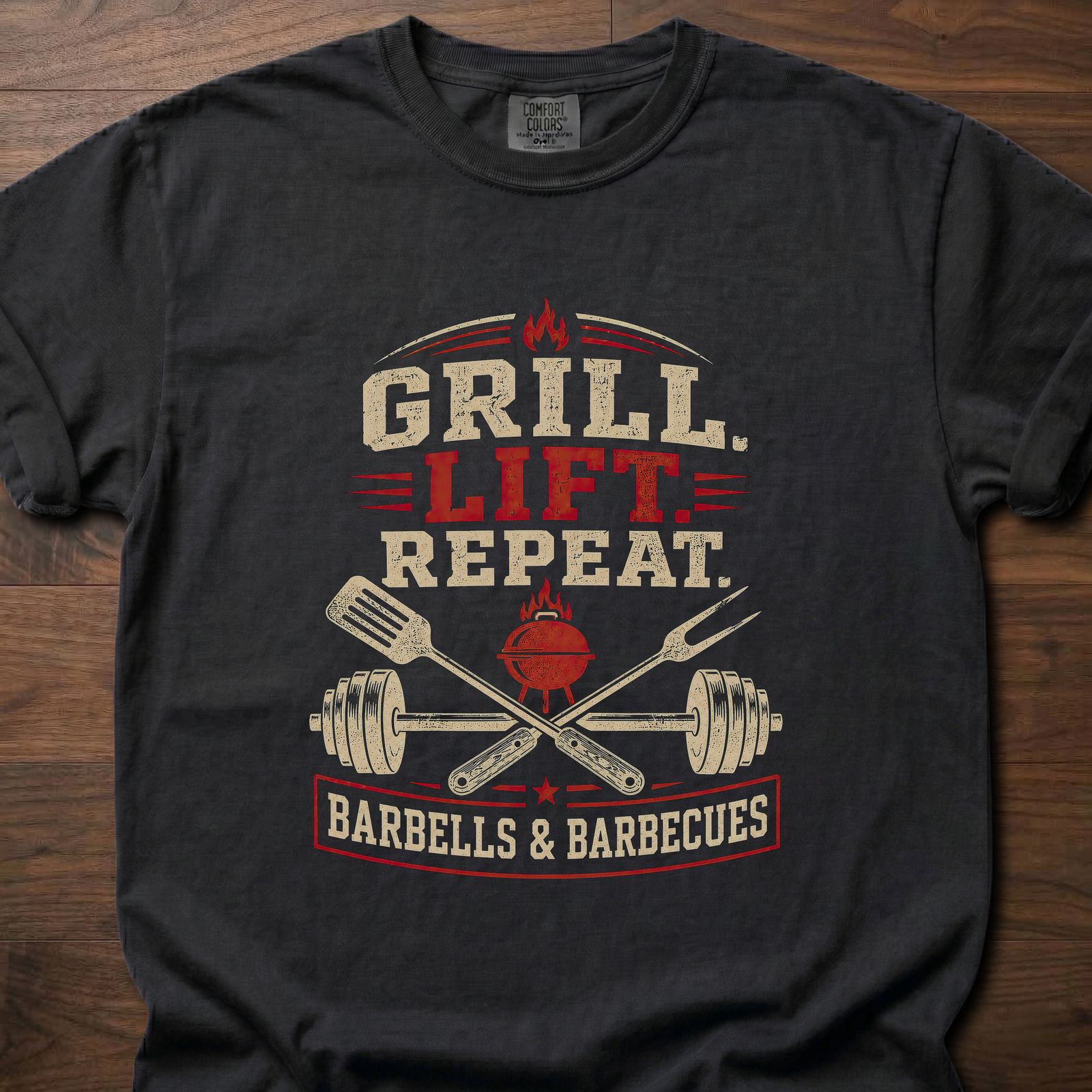 Grill Lift Repeat strength training t-shirt featuring barbell and BBQ grill crossed design – Black