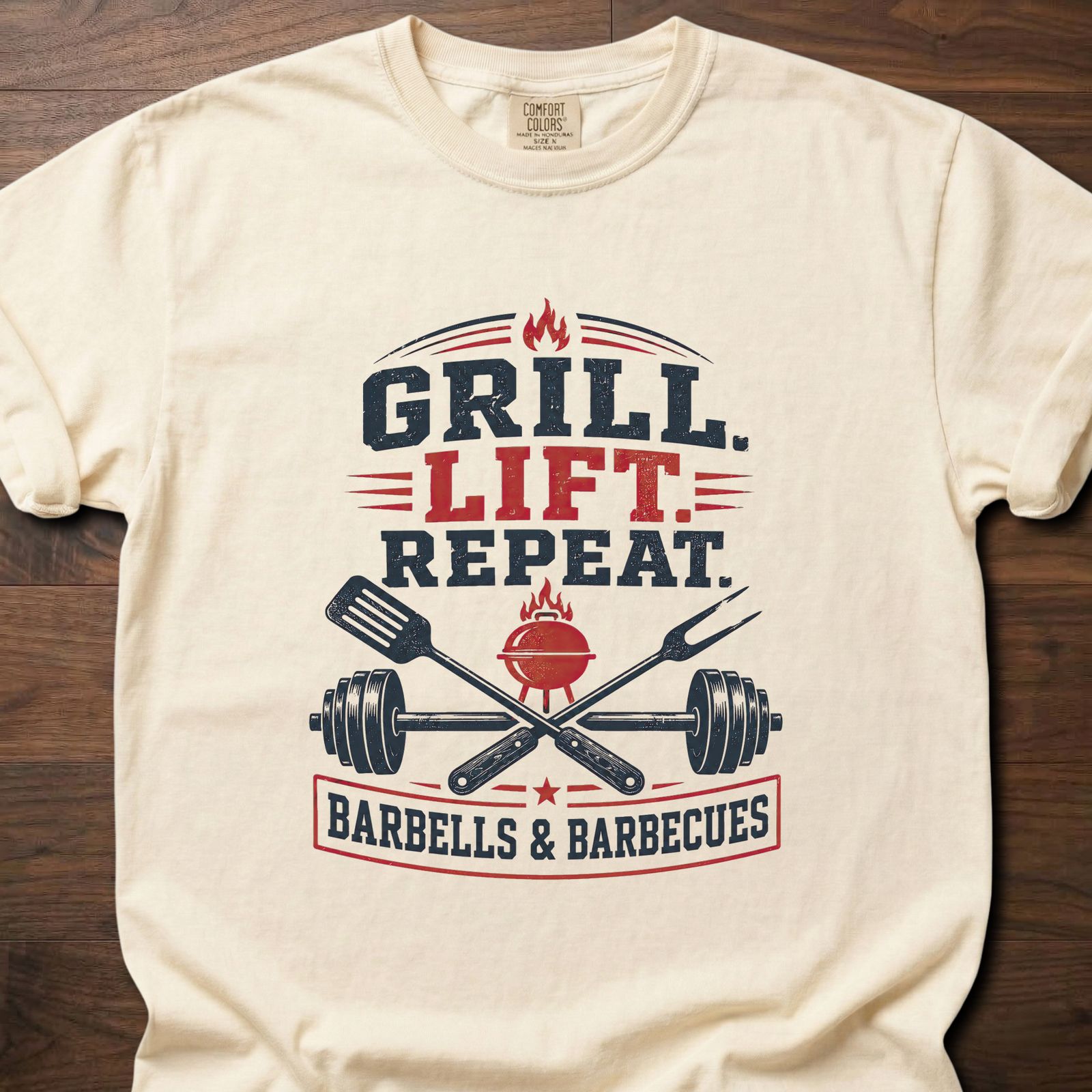 Grill Lift Repeat strength training t-shirt featuring barbell and BBQ grill crossed design – Ivory