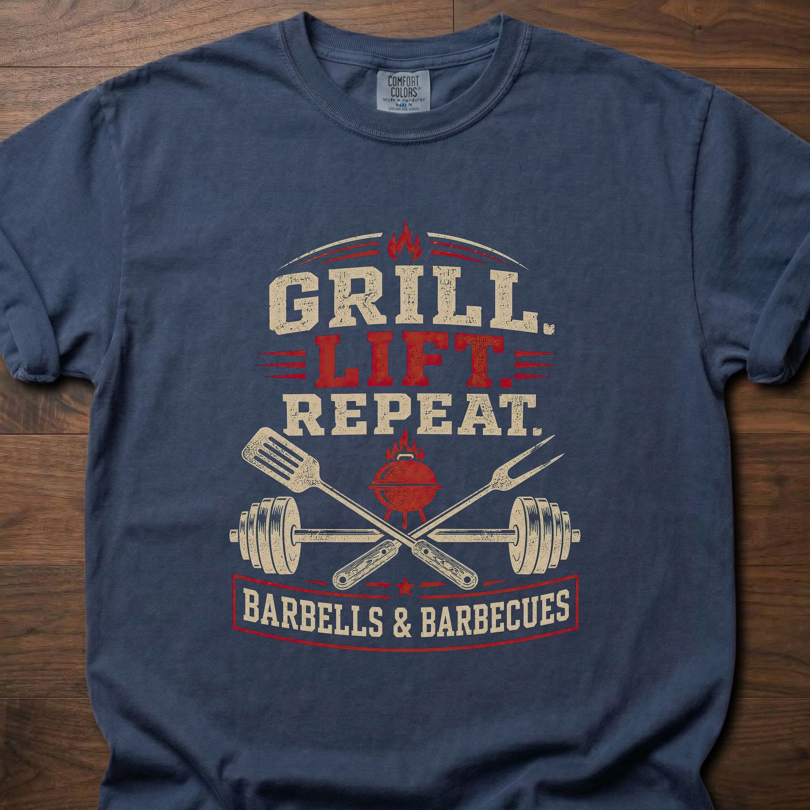 Grill Lift Repeat strength training t-shirt featuring barbell and BBQ grill crossed design – Navy