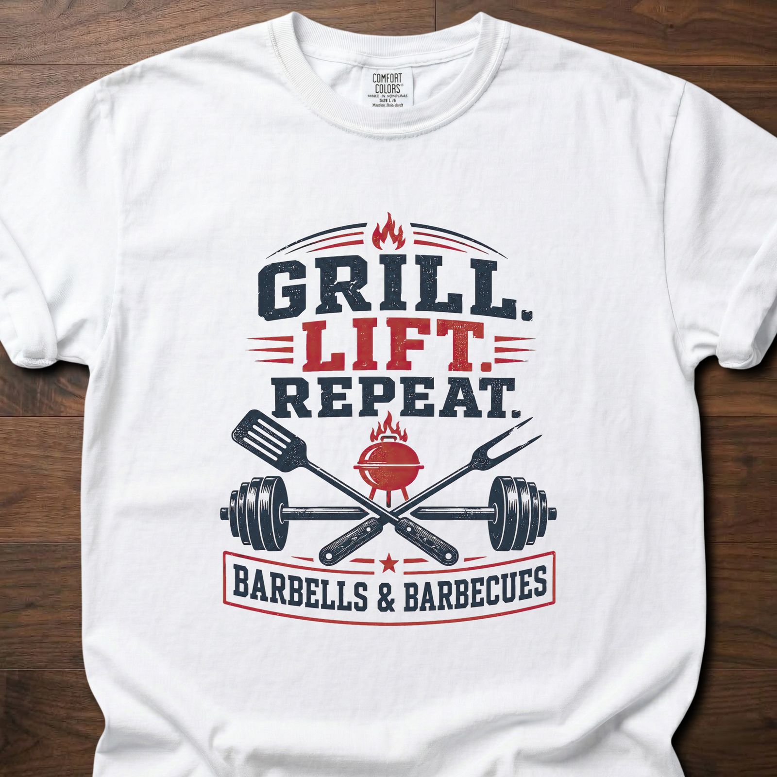 Grill Lift Repeat strength training t-shirt featuring barbell and BBQ grill crossed design – White