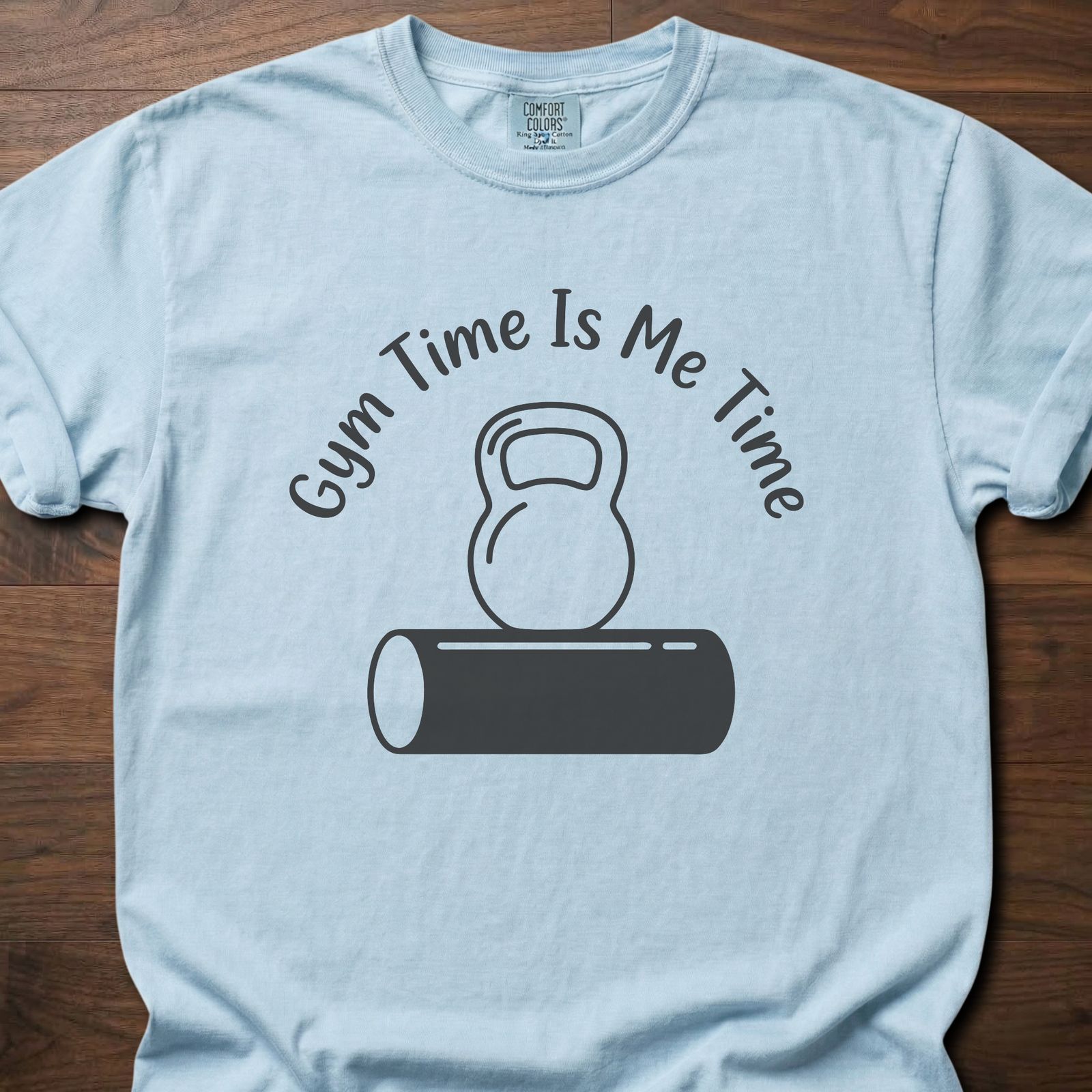 Gym Time fitness lifestyle t shirt featuring kettlebell on foam roller with curved text design – Chambray