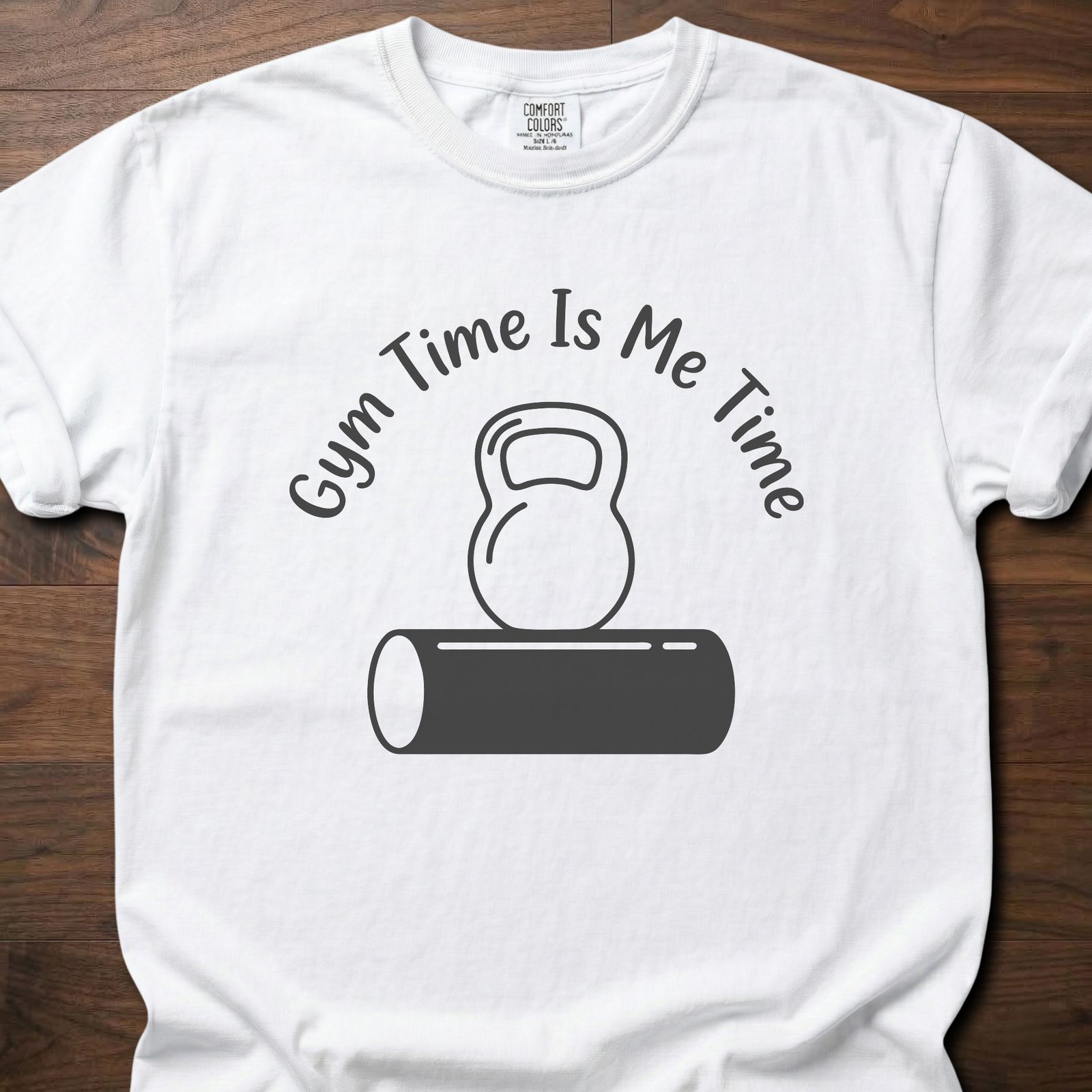 Gym Time fitness lifestyle t shirt featuring kettlebell on foam roller with curved text design – White
