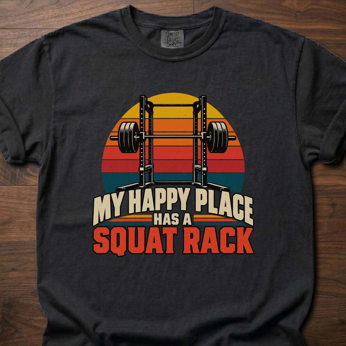 Happy Place funny gym shirt with retro distressed block letter graphic – Black