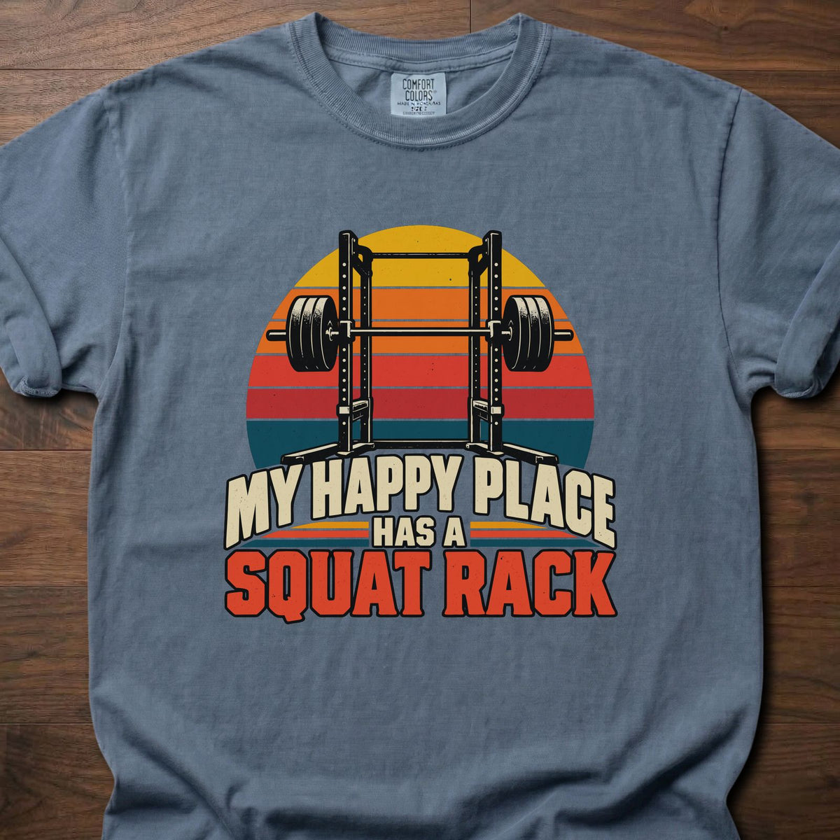 Happy Place funny gym shirt with retro distressed block letter graphic – Blue Jean