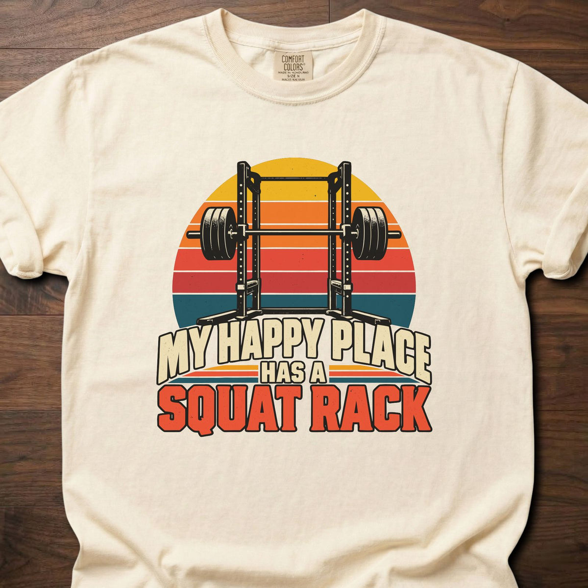 Happy Place funny gym shirt with retro distressed block letter graphic – Ivory