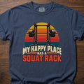 Happy Place funny gym shirt with retro distressed block letter graphic – Navy