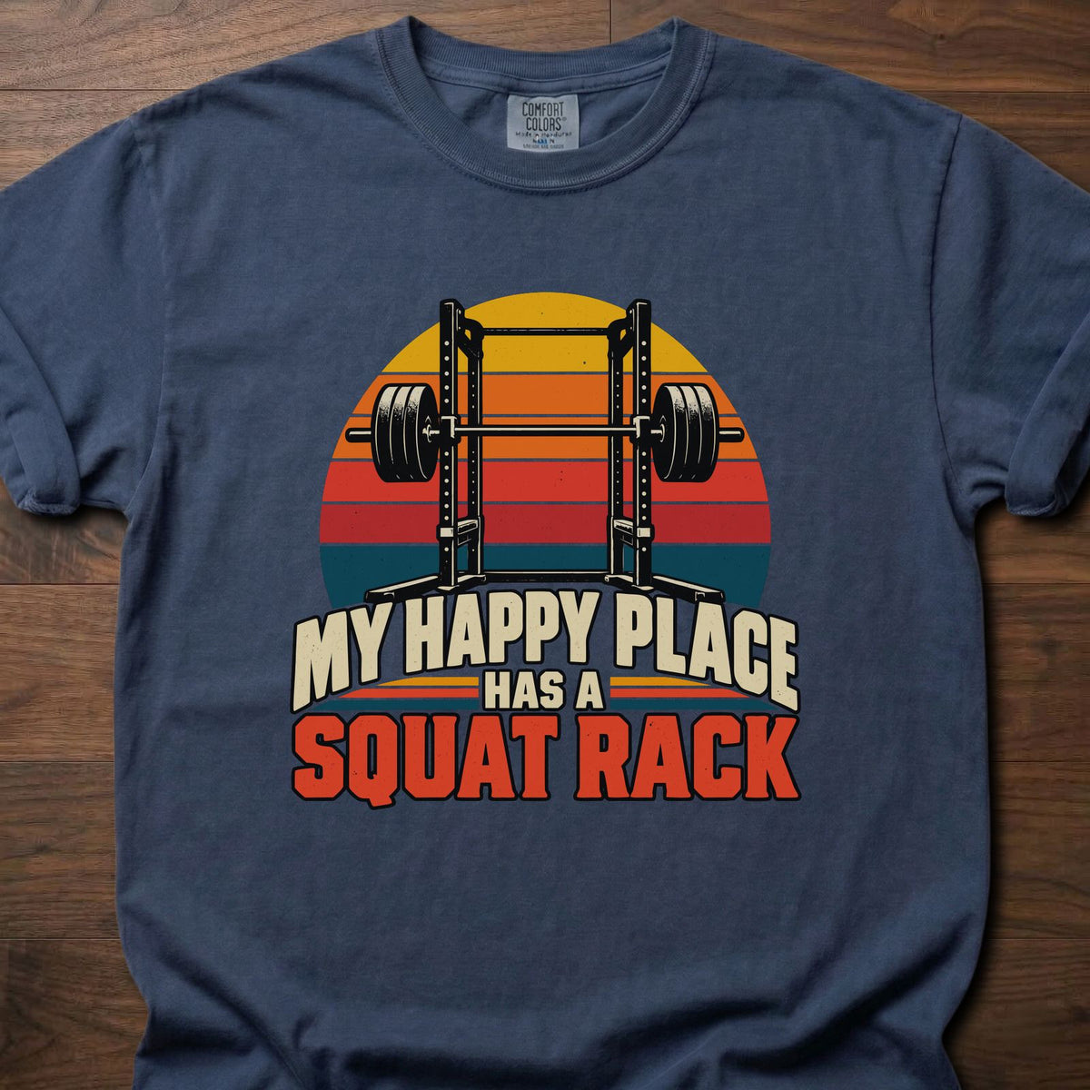 Happy Place funny gym shirt with retro distressed block letter graphic – Navy