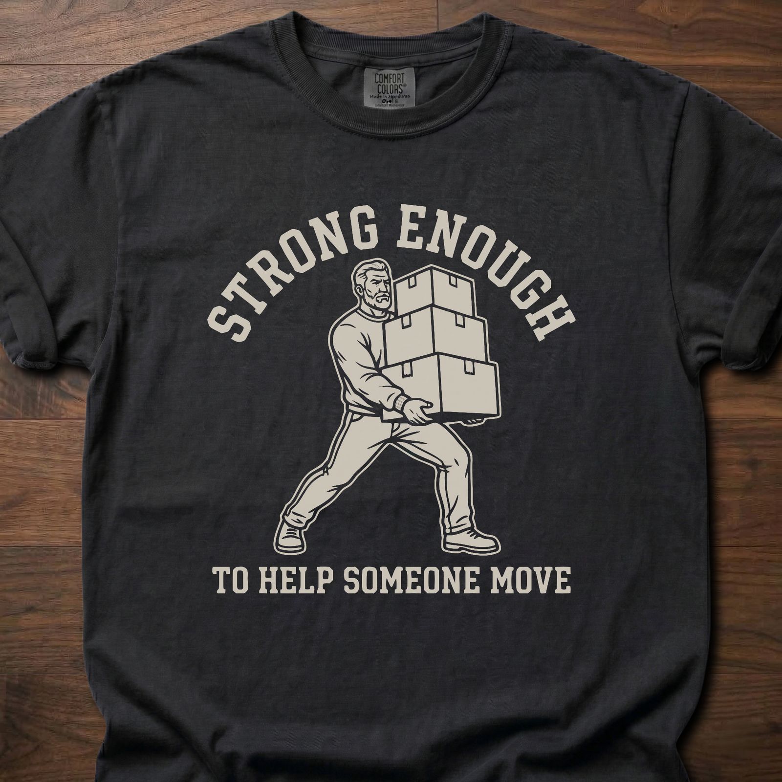 Help Someone Move strength training t shirt featuring man carrying boxes design – Black