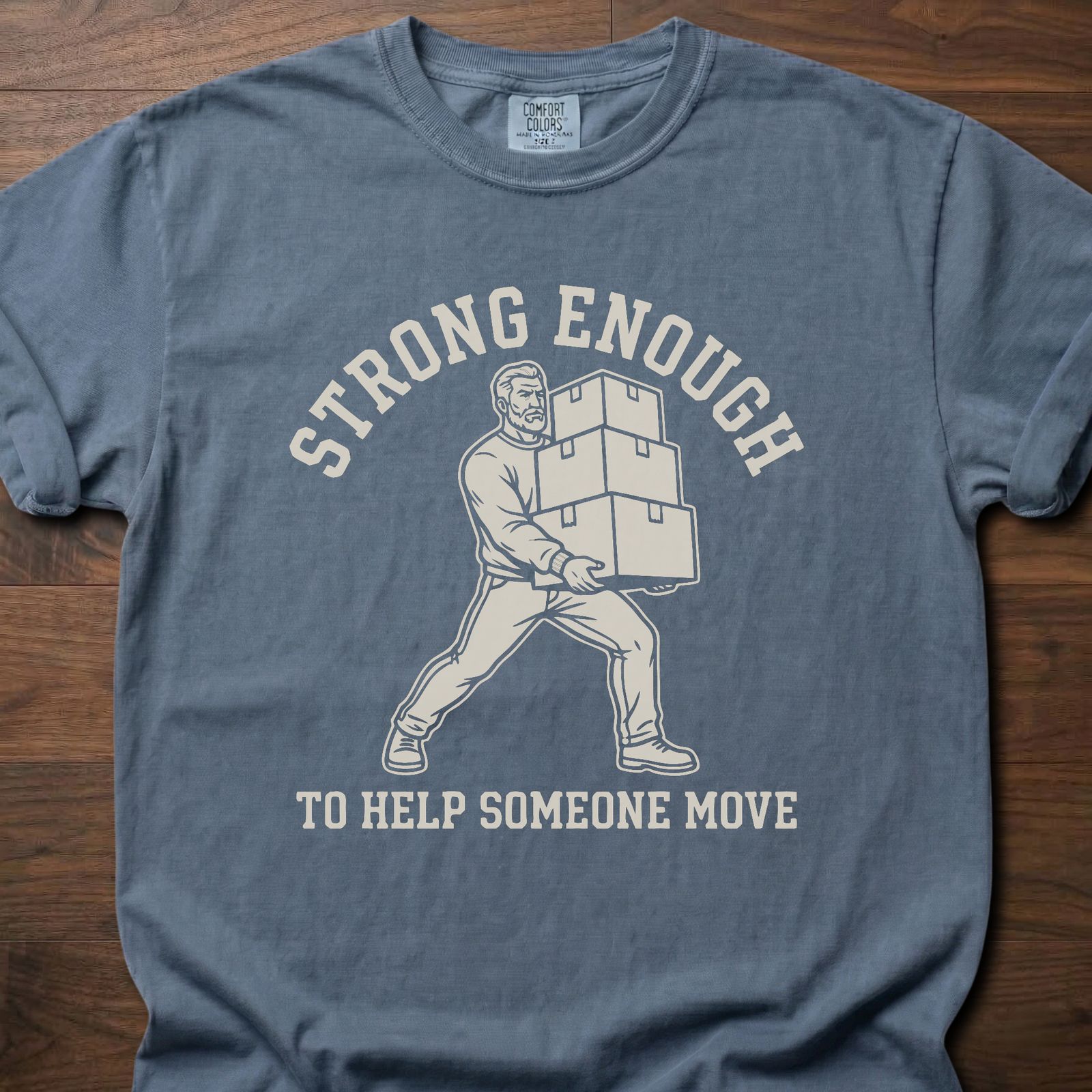 Help Someone Move strength training t shirt featuring man carrying boxes design – Blue Jean