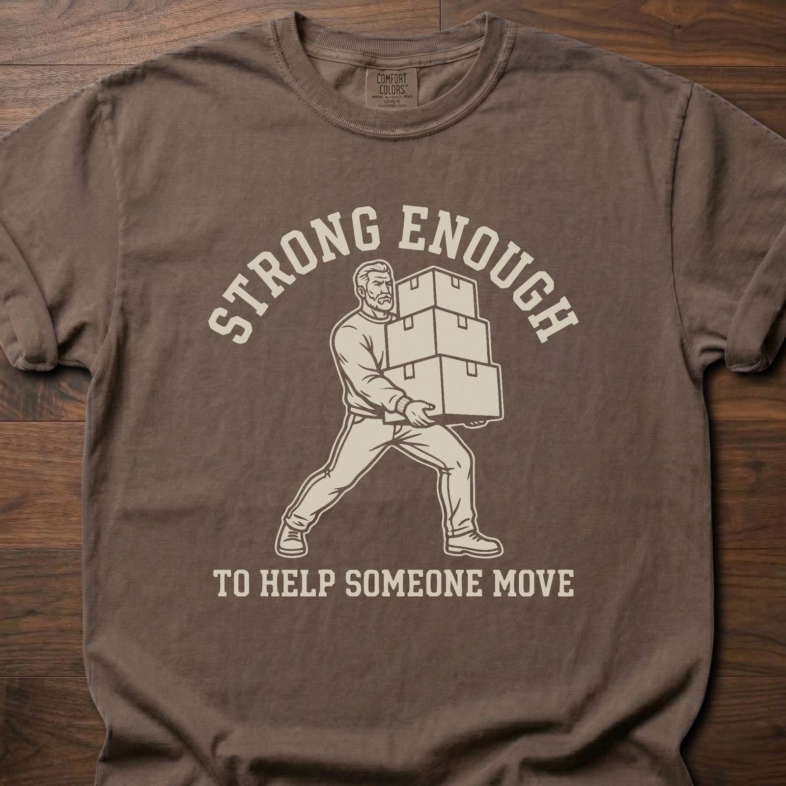 Help Someone Move strength training t shirt featuring man carrying boxes design – Espresso