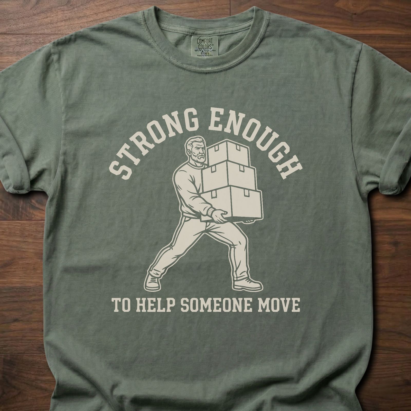 Help Someone Move strength training t shirt featuring man carrying boxes design – Moss