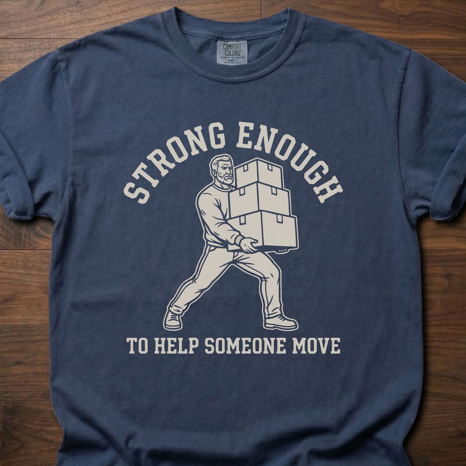 Help Someone Move strength training t shirt featuring man carrying boxes design – Navy