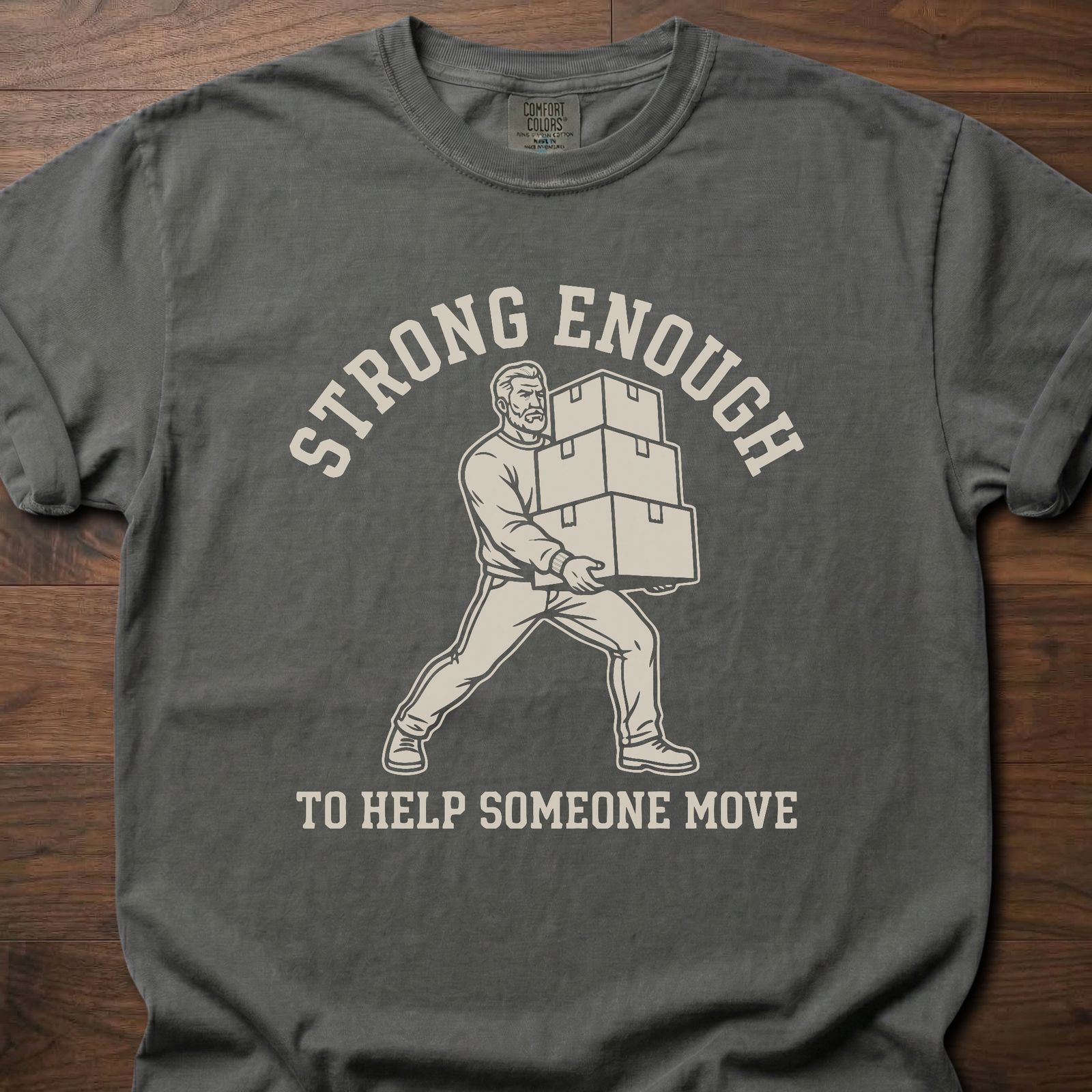 Help Someone Move strength training t shirt featuring man carrying boxes design – Pepper