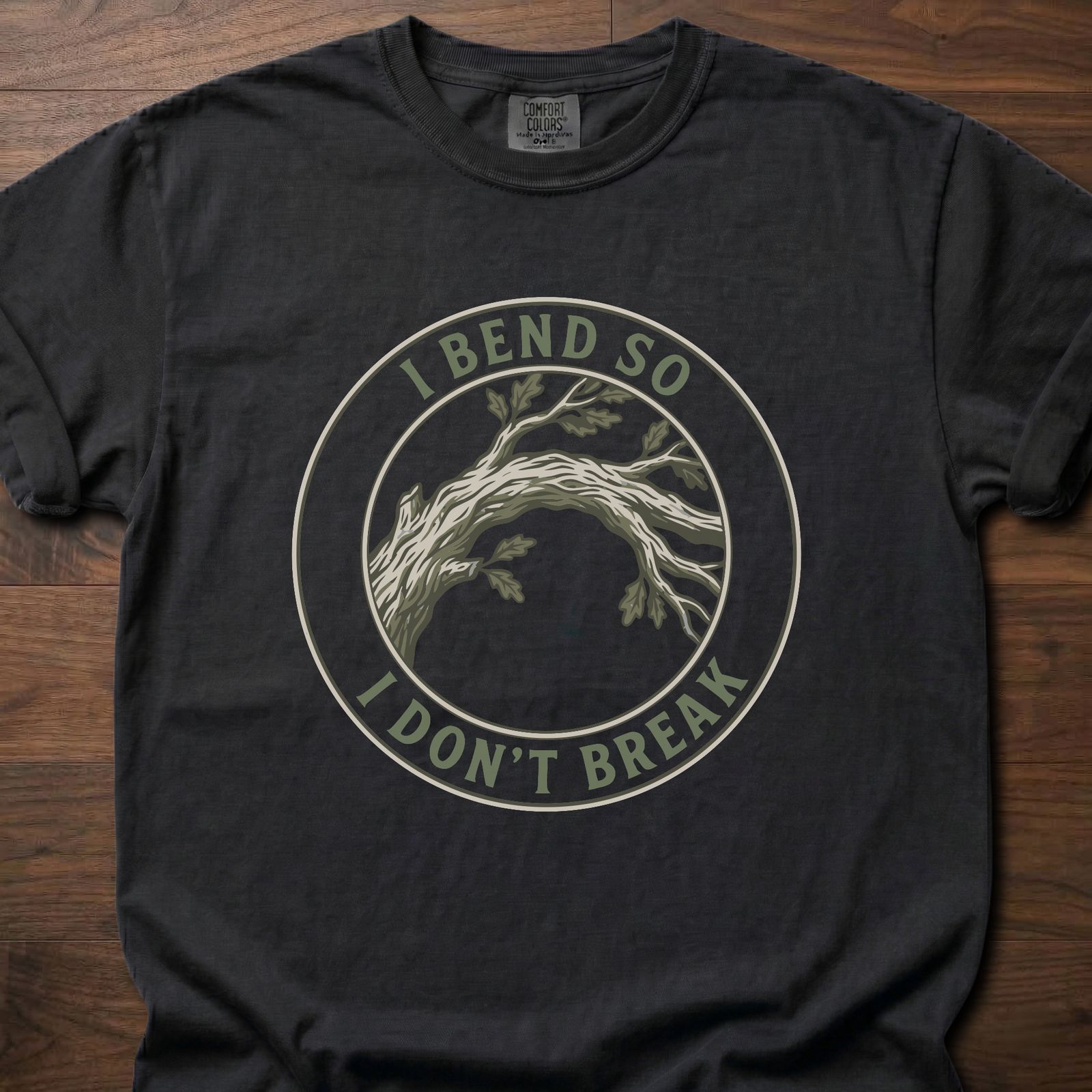 I Bend So I Don't Break strength training t-shirt with bent tree resilience design – Black