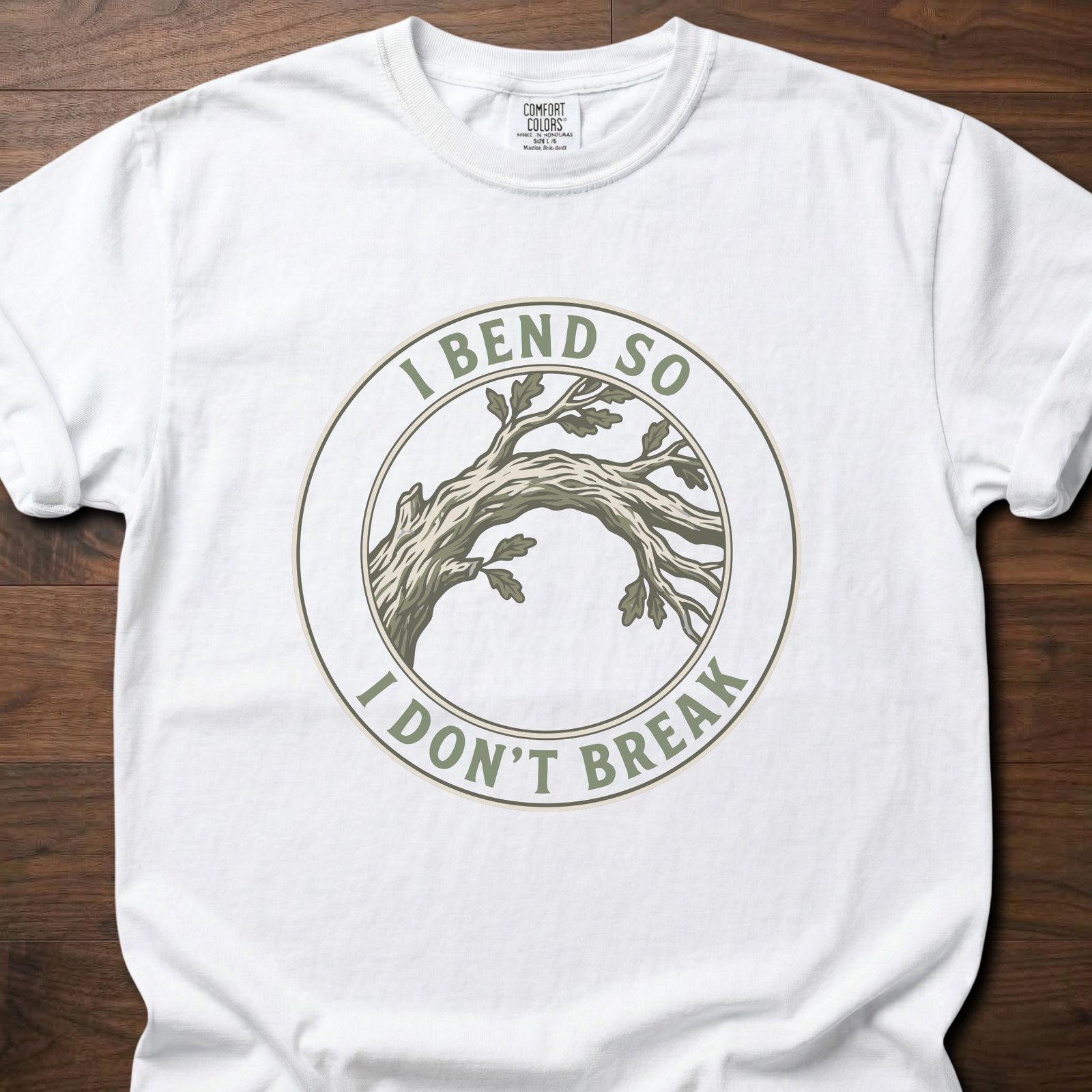 I Bend So I Don't Break strength training t-shirt with bent tree resilience design – White
