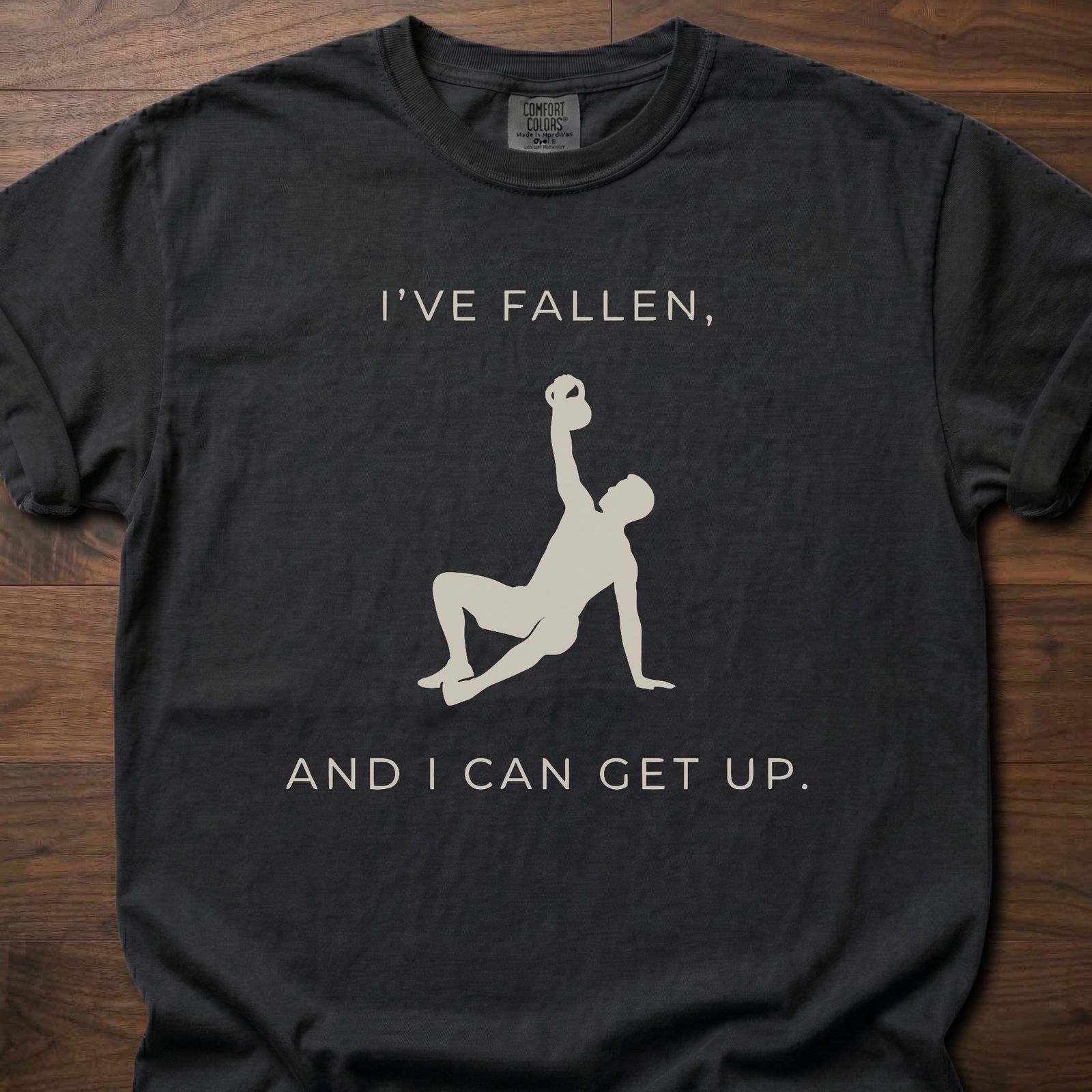 I've Fallen strength training lifestyle clothing with figure demonstrating recovery movement – Black