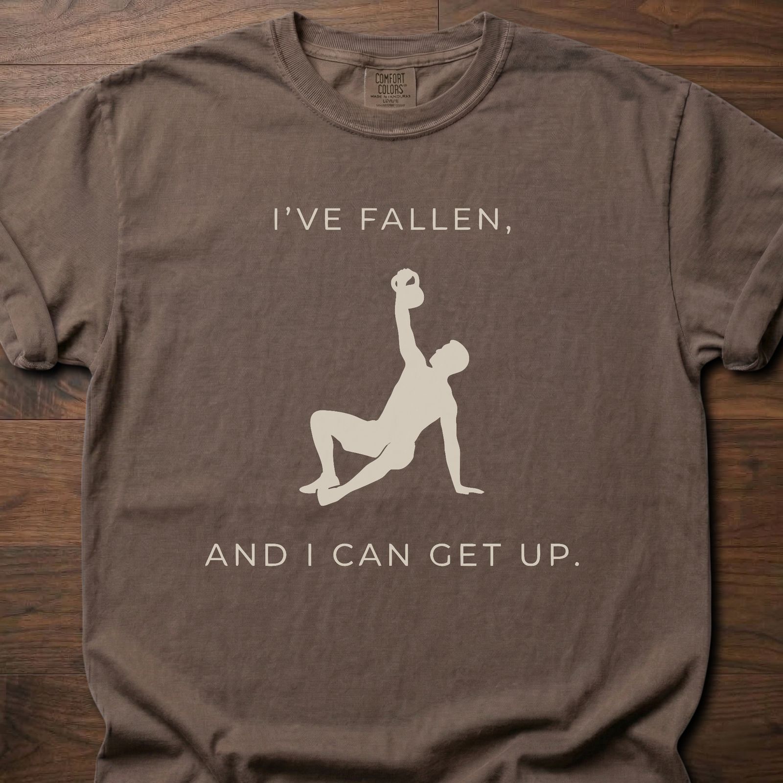 I've Fallen strength training lifestyle clothing with figure demonstrating recovery movement – Espresso