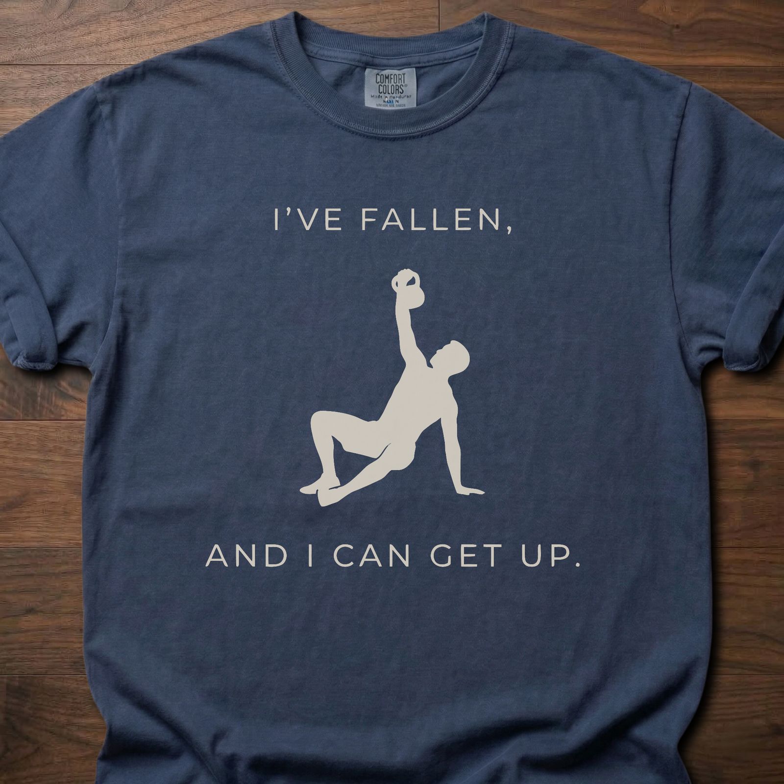 I've Fallen strength training lifestyle clothing with figure demonstrating recovery movement – Navy