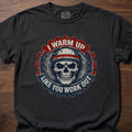 I Warm Up strength training lifestyle clothing featuring skull with headband and gear design – Black
