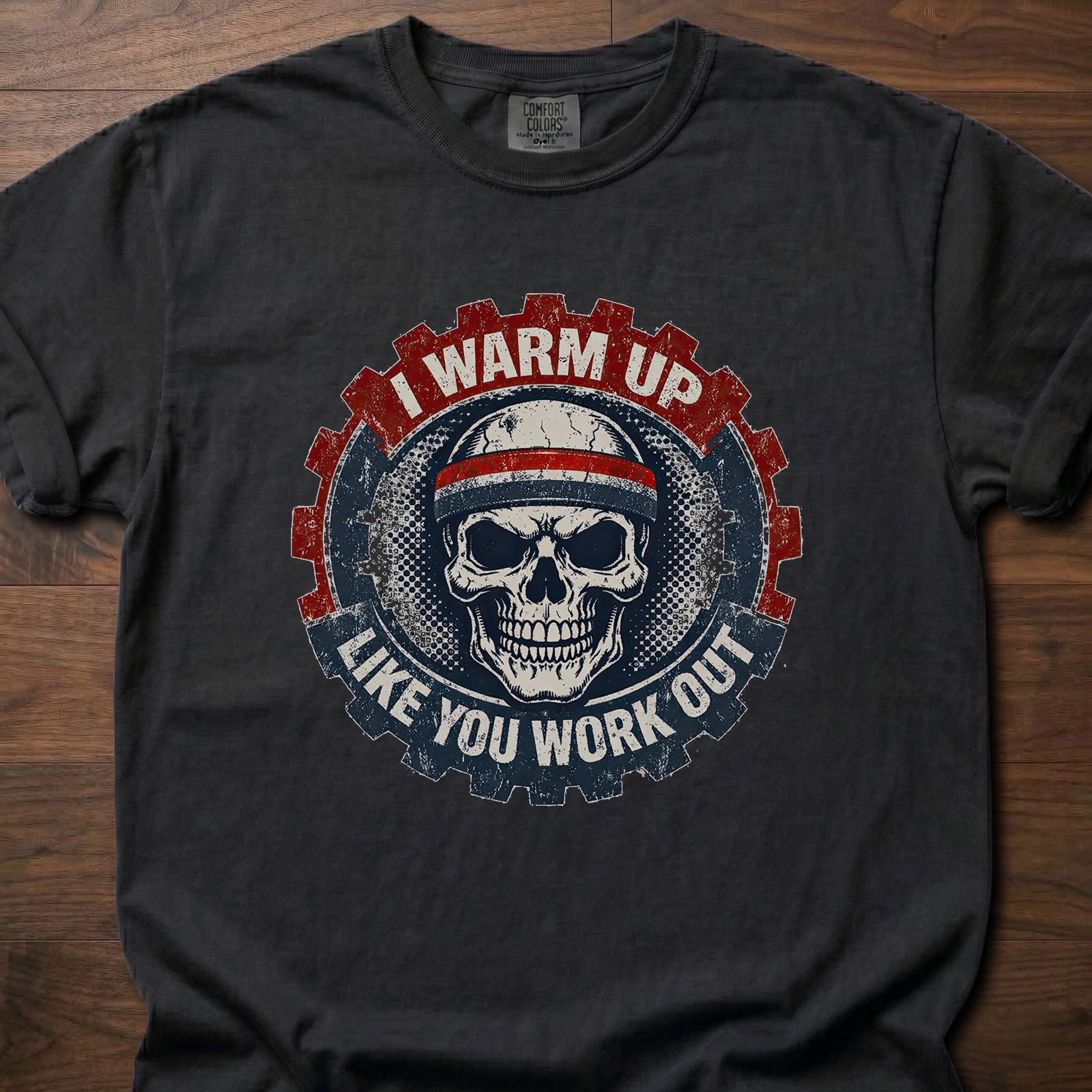 I Warm Up strength training lifestyle clothing featuring skull with headband and gear design – Black
