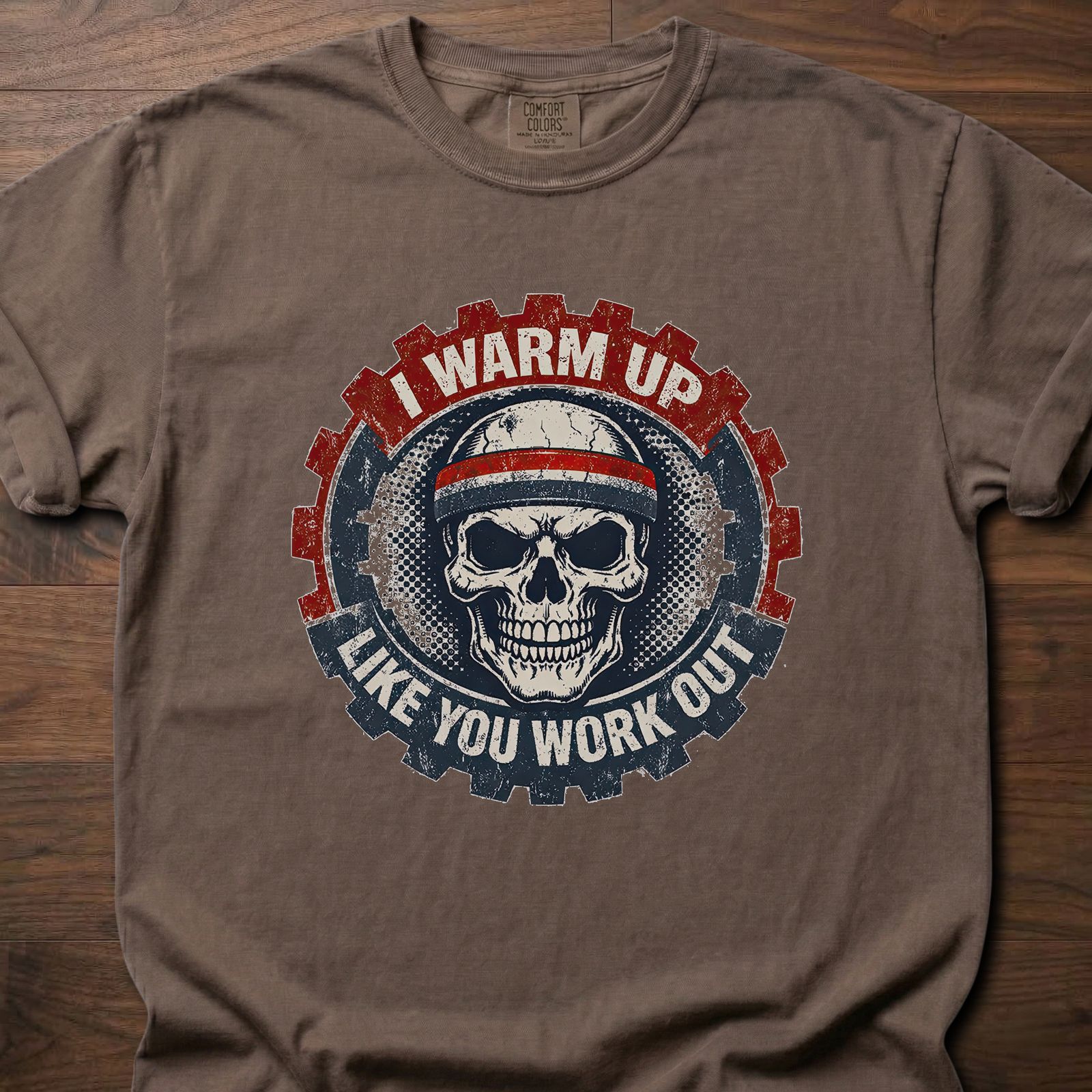 I Warm Up strength training lifestyle clothing featuring skull with headband and gear design – Espresso