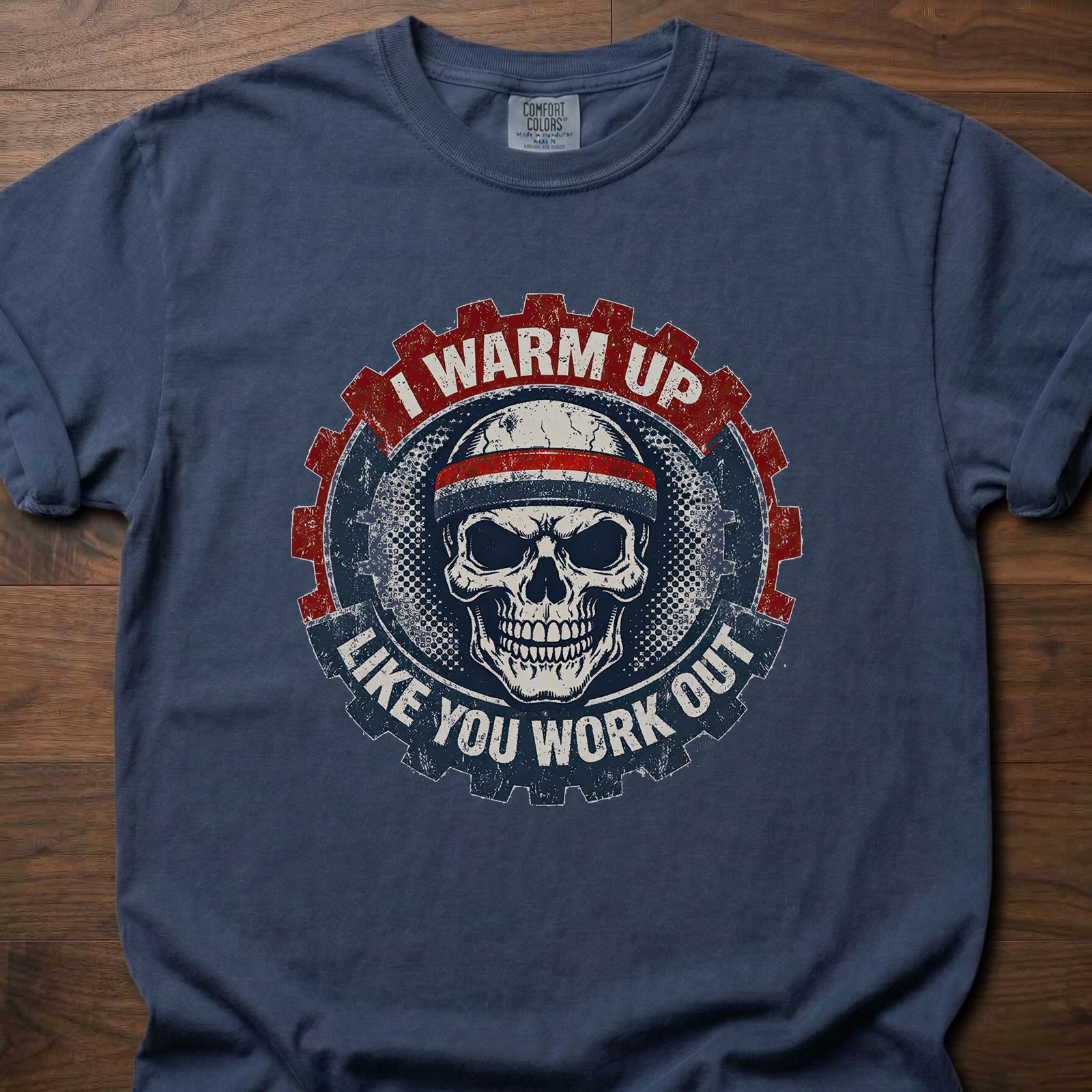 I Warm Up strength training lifestyle clothing featuring skull with headband and gear design – Navy