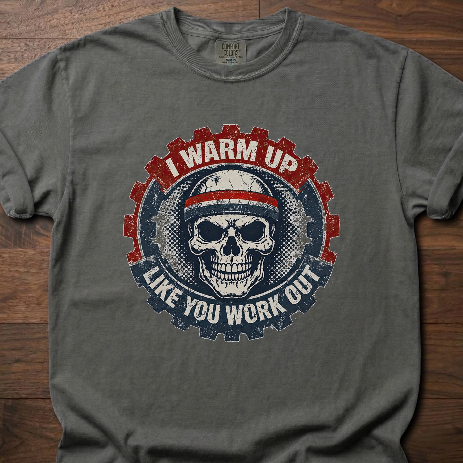 I Warm Up strength training lifestyle clothing featuring skull with headband and gear design – Pepper