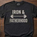 Iron & Fatherhood fitness lifestyle t shirts featuring barbell graphic and bold typography – Black