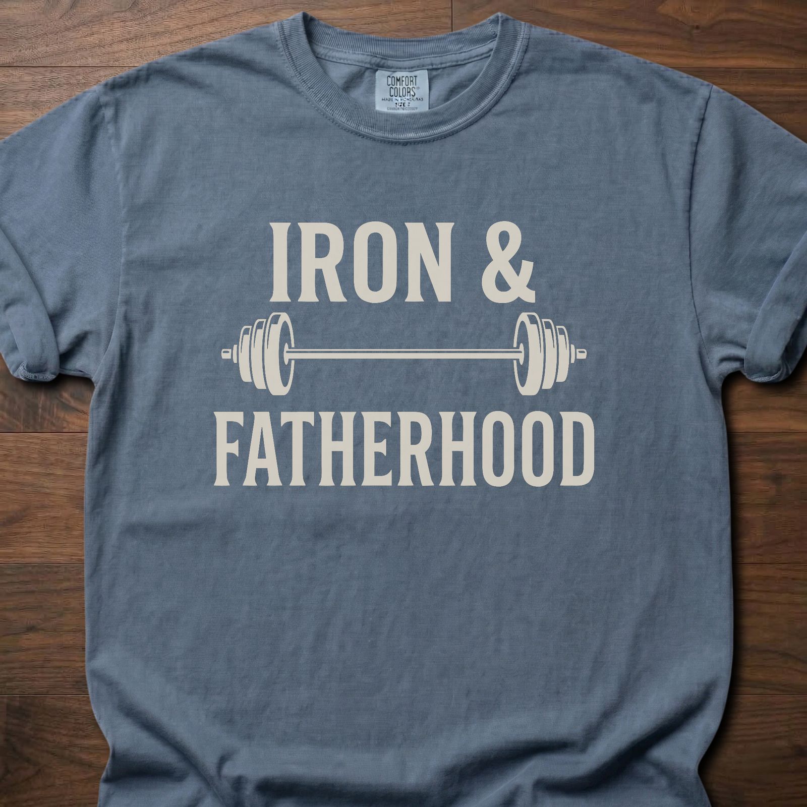 Iron & Fatherhood fitness lifestyle t shirts featuring barbell graphic and bold typography – Blue Jean
