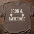 Iron & Fatherhood fitness lifestyle t shirts featuring barbell graphic and bold typography – Espresso