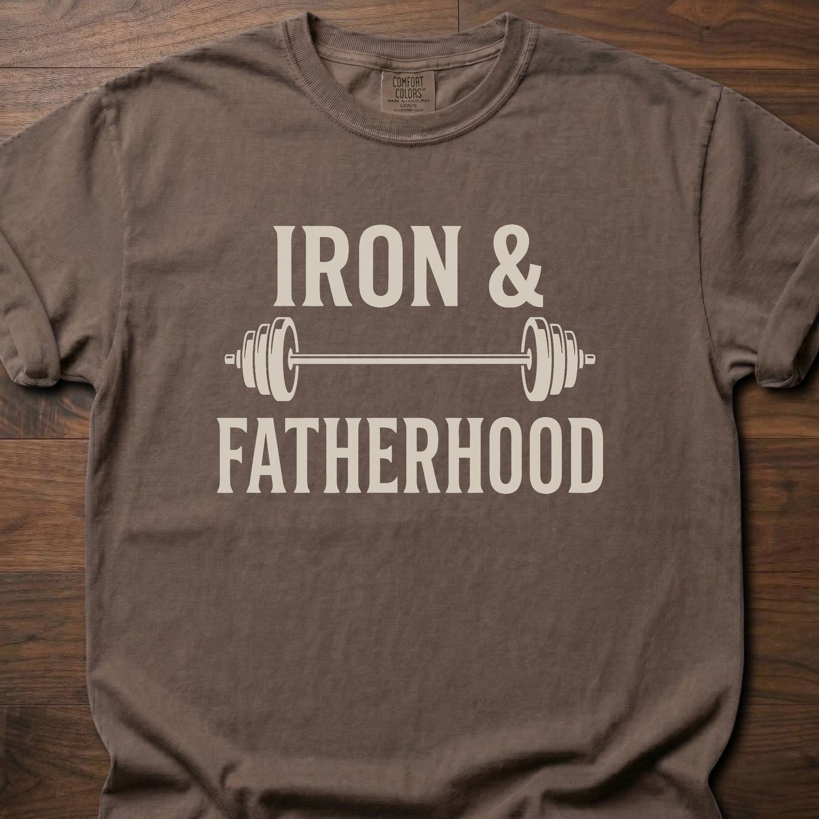 Iron & Fatherhood fitness lifestyle t shirts featuring barbell graphic and bold typography – Espresso