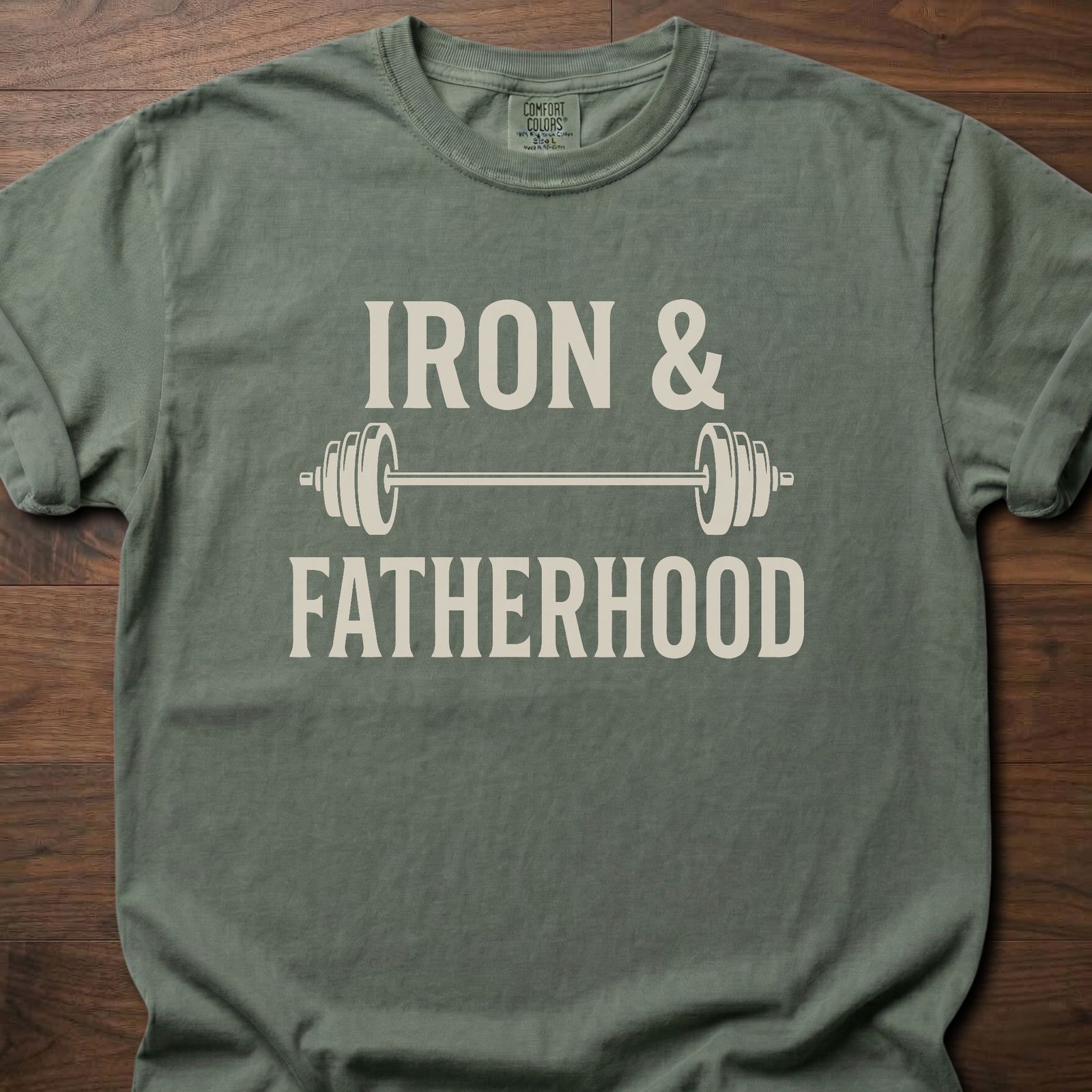 Iron & Fatherhood fitness lifestyle t shirts featuring barbell graphic and bold typography – Moss