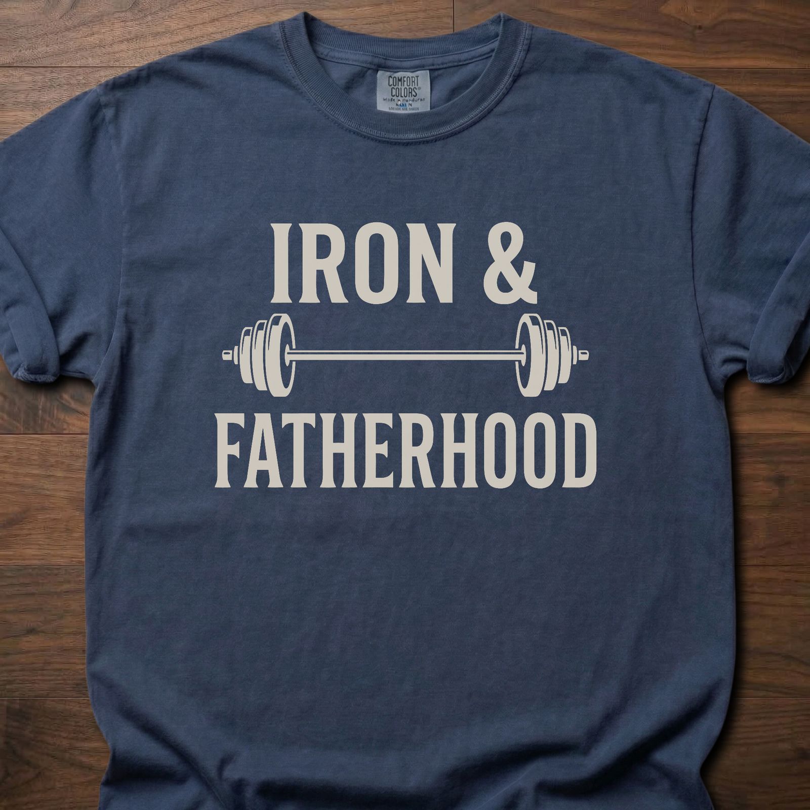 Iron & Fatherhood fitness lifestyle t shirts featuring barbell graphic and bold typography – Navy
