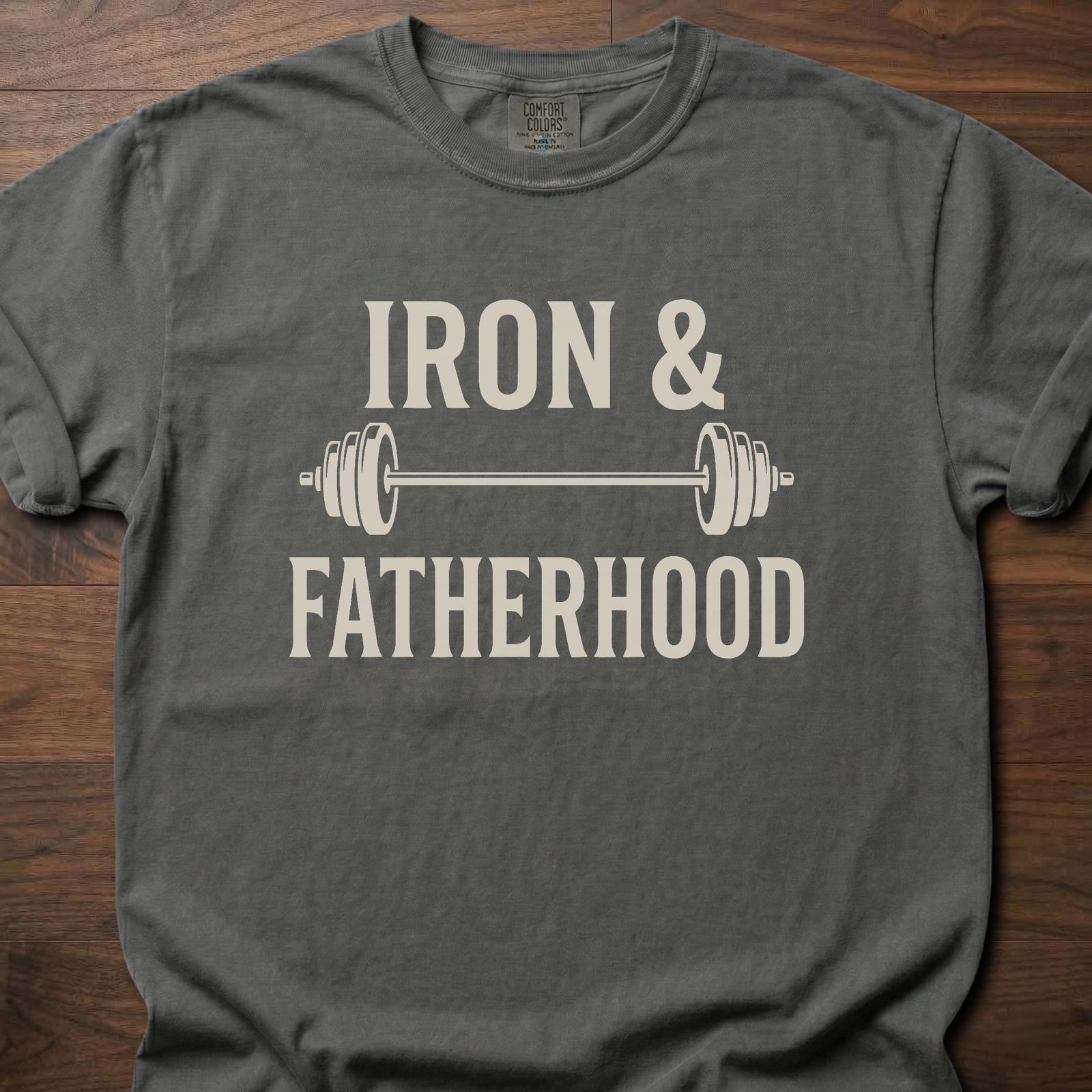 Iron & Fatherhood fitness lifestyle t shirts featuring barbell graphic and bold typography – Pepper