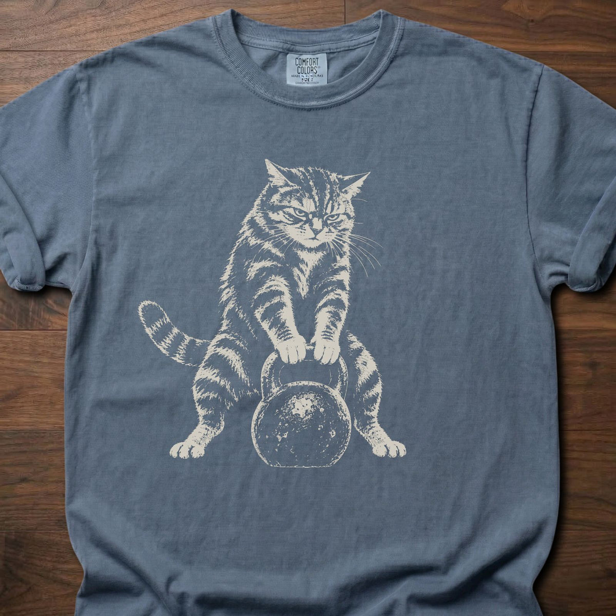 Kattlebell funny gym shirt with distressed vintage feline fitness graphic – Blue Jean