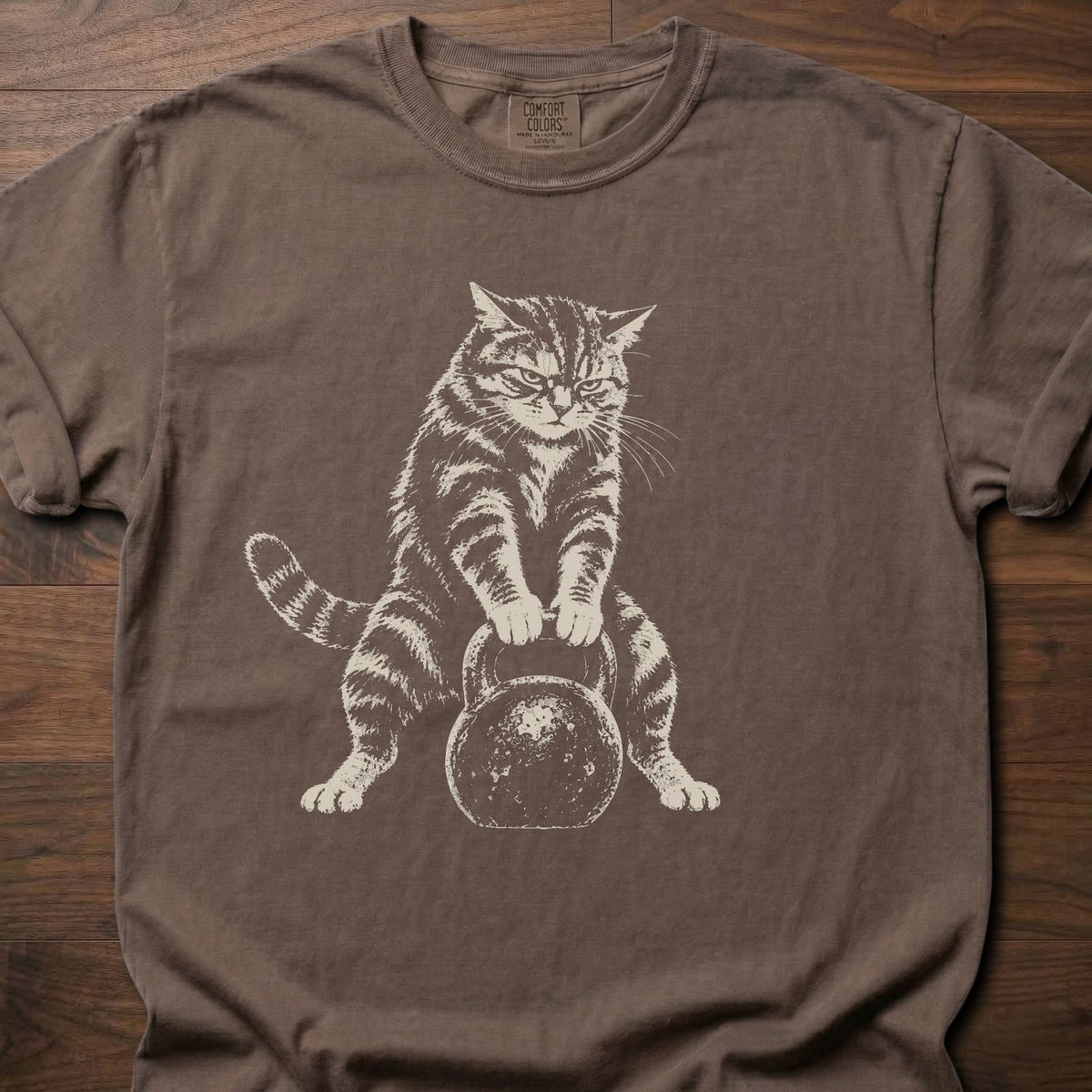 Kattlebell funny gym shirt with distressed vintage feline fitness graphic – Espresso