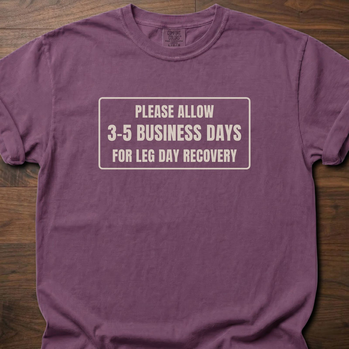 Leg Day Recovery funny gym shirt with bold framed block letter graphic – Berry