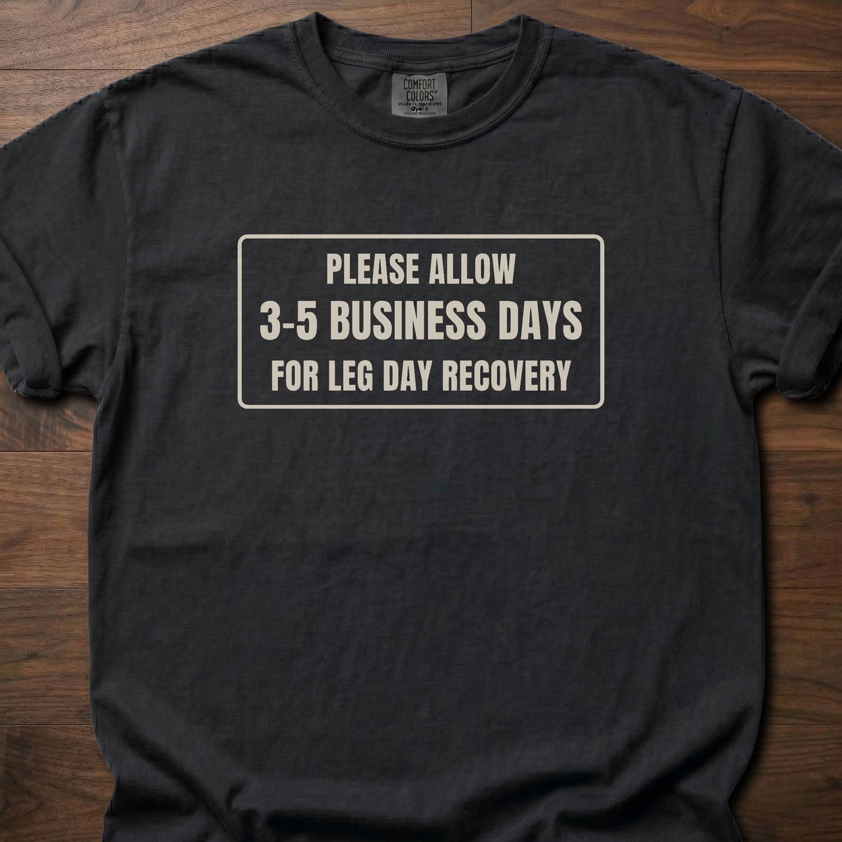 Leg Day Recovery funny gym shirt with bold framed block letter graphic – Black