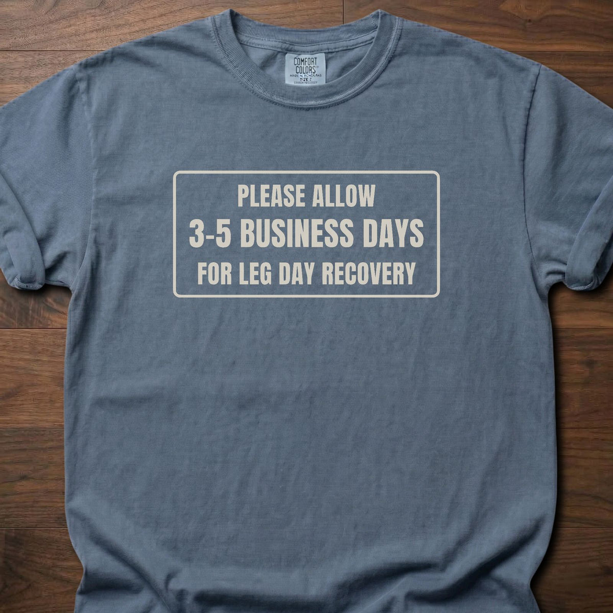 Leg Day Recovery funny gym shirt with bold framed block letter graphic – Blue Jean