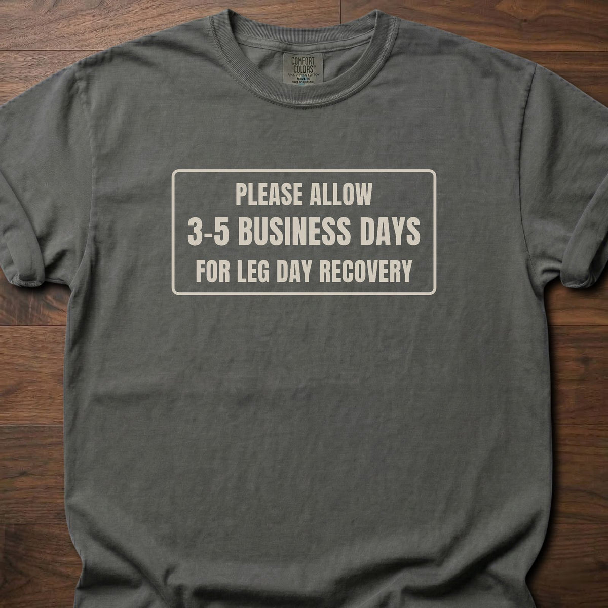 Leg Day Recovery funny gym shirt with bold framed block letter graphic – Pepper