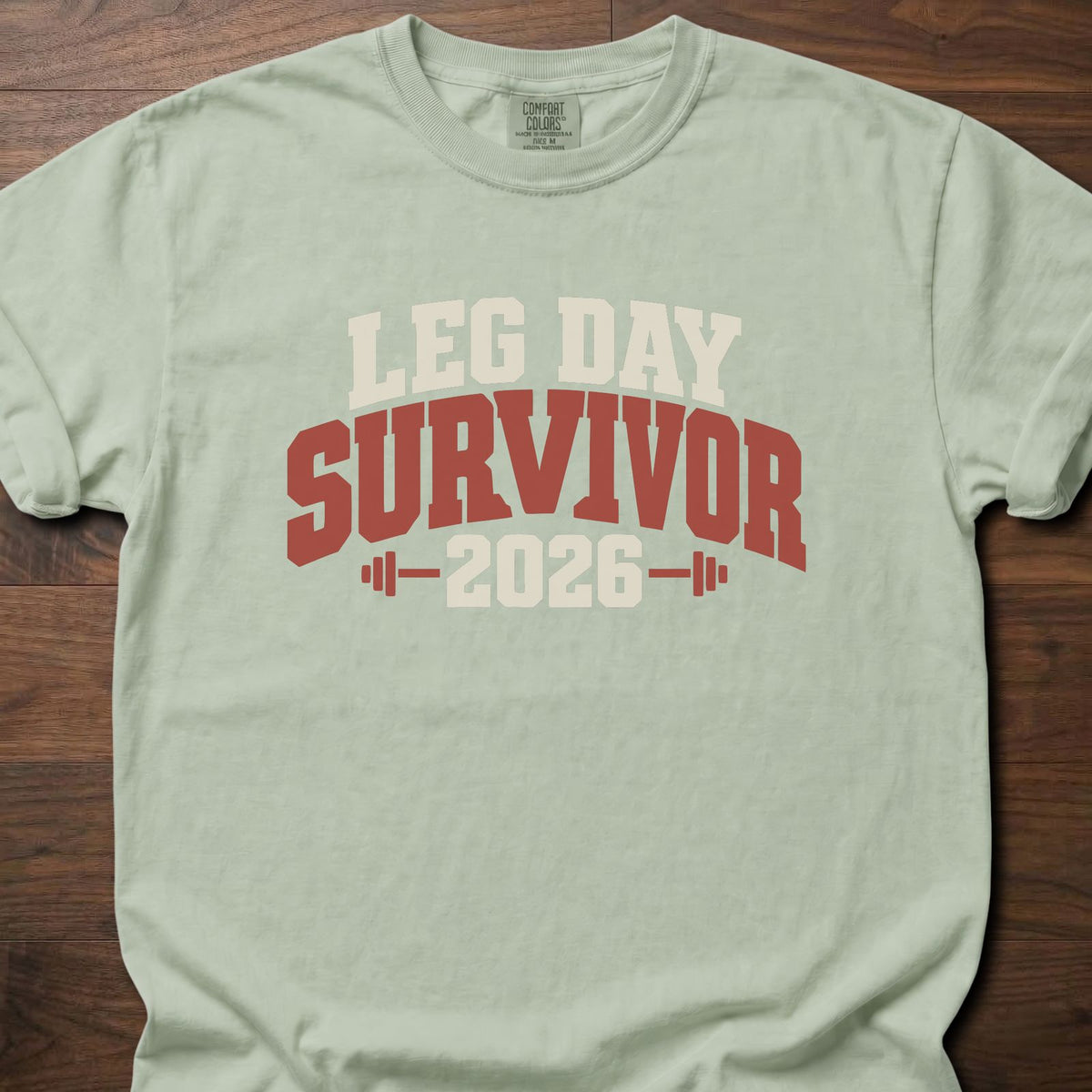 Leg Day Survivor funny gym shirt with bold distressed collegiate-style block graphic – Bay