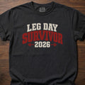 Leg Day Survivor funny gym shirt with bold distressed collegiate-style block graphic – Black