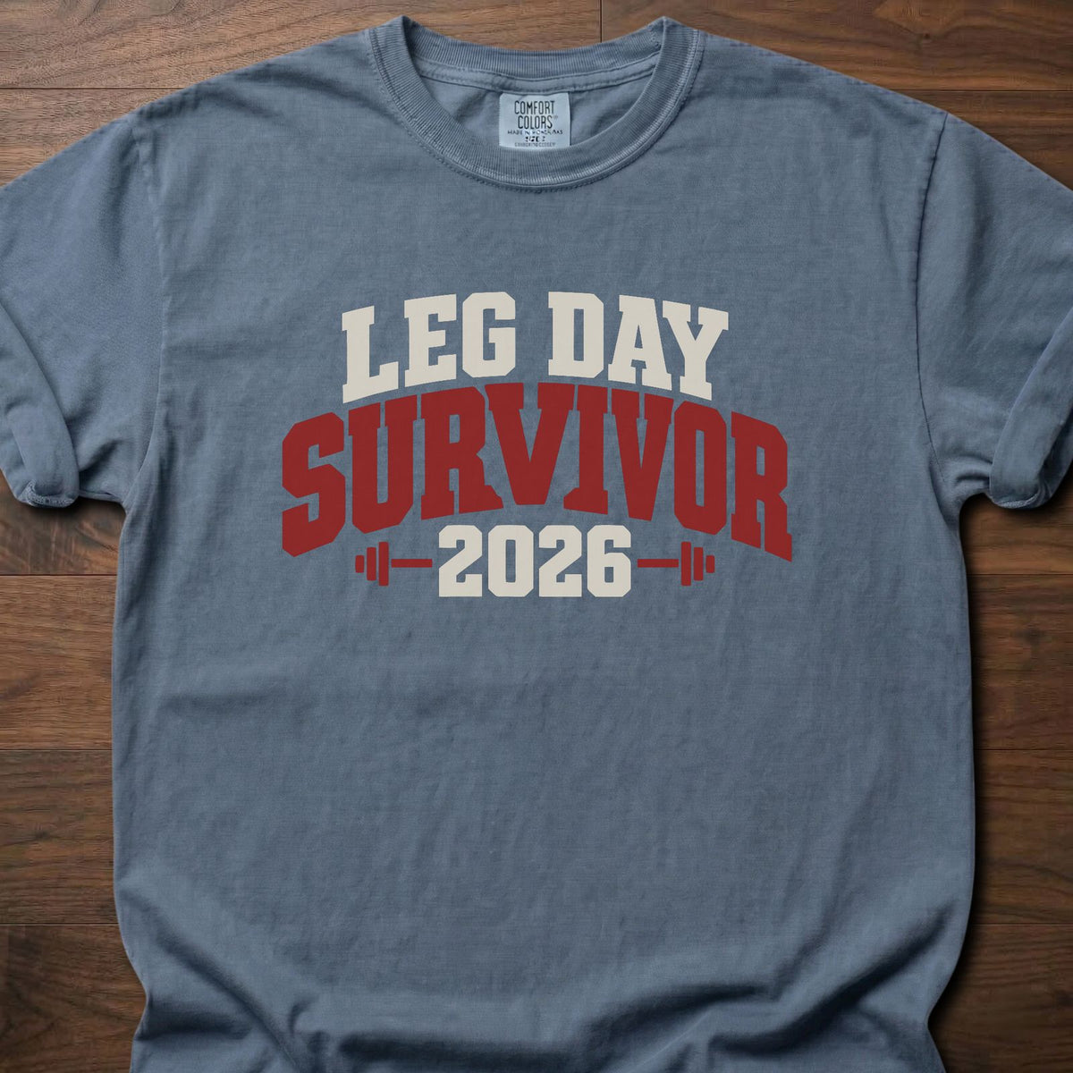 Leg Day Survivor funny gym shirt with bold distressed collegiate-style block graphic – Blue Jean