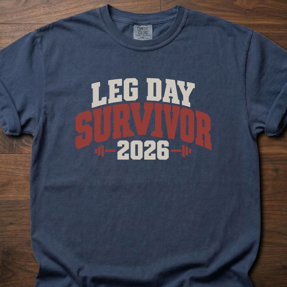Leg Day Survivor funny gym shirt with bold distressed collegiate-style block graphic – Navy
